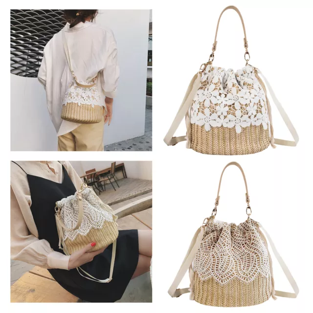 Straw Shoulder Bag Bucket Lace Summer Travel Beach Rattan Handbag Woven Tote