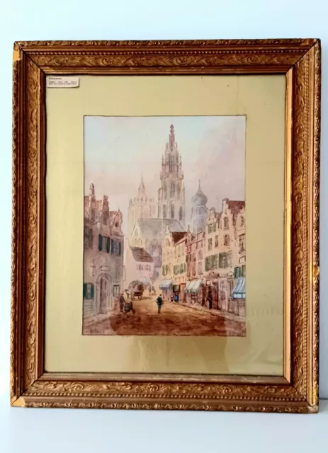Edward Nevil Watercolour Signed Painting Belgium City Antwerp Early 20th Century