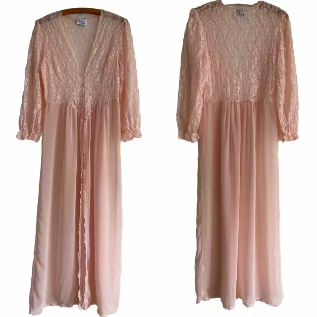 Vtg 80s Pink Sheer Lace And Chiffon Lingerie Nightgown Sz L Romantic Soft Girl