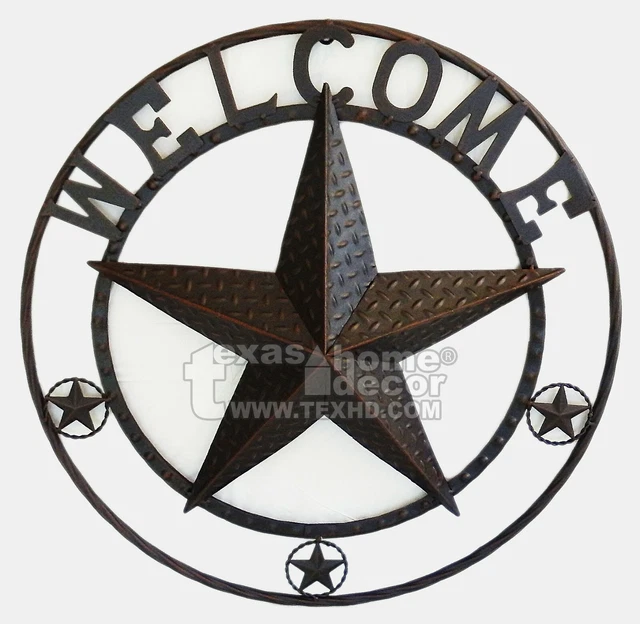24" Metal Welcome Wall Plaque Sign Barn Star Rope Ring Brown Western Rustic