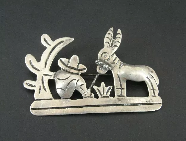 Brooch Silver Vintage Cactus Man Sombrero Hat Donkey Sterling 925 Mexico Pin