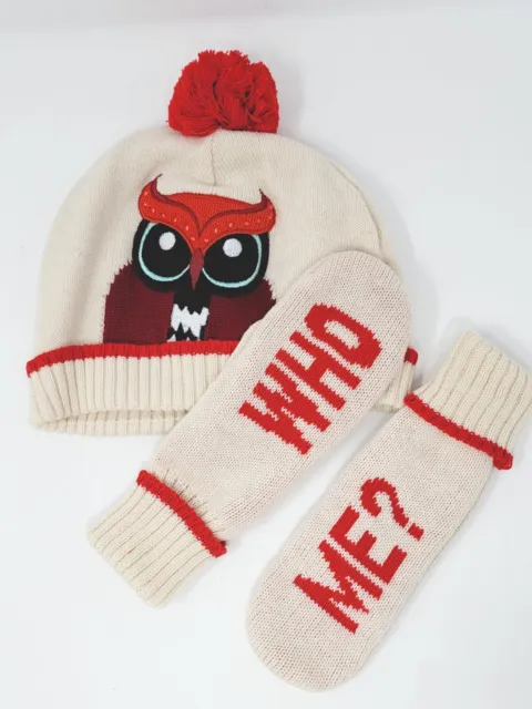 KATE SPADE Pumice OWL "Who Me??" Hat & Mitten Set in Box ~ L/XL (ages 8-12)