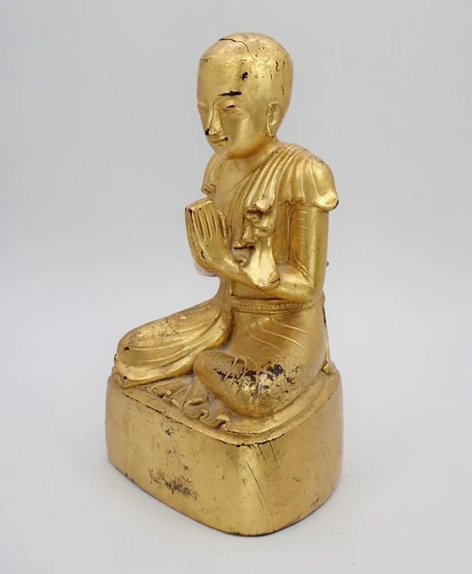 Antique Burmese 19th c. Gold Gilt Lacquer Hard Wood Praying Buddha Statue 2
