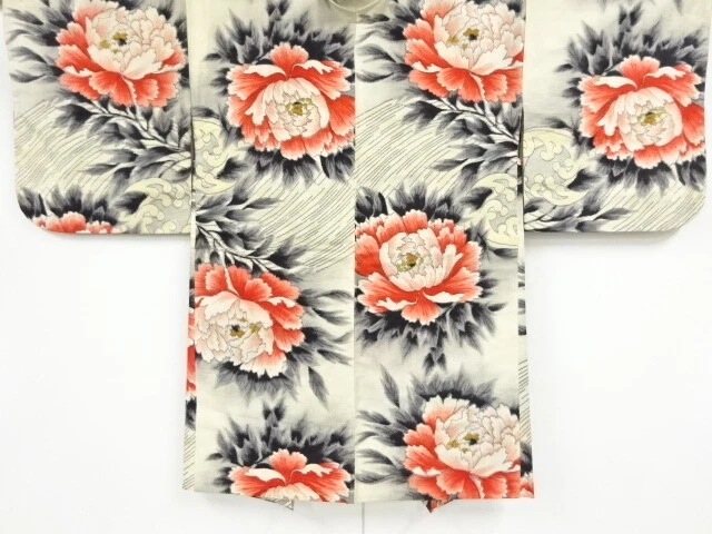 09881# Japanese Kimono / Antique Haori / Meisen / Woven Peony & Rough Wave