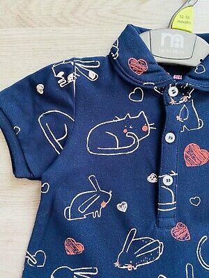 BNWT Mothercare per neonate Navy Carino Gatto Bunny Estate Cotone T-SHIRT POLO DRESS 2