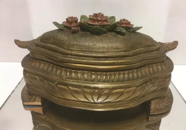 Antique Hand Carved Wood Jewelry Trinket Box Flowers