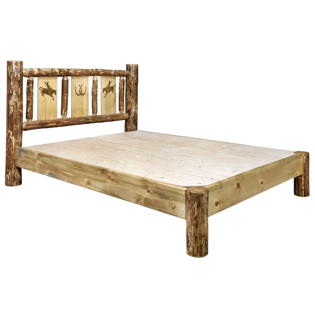 QUEEN Log Platform Bed Rustic Etched Western Unique Woodburning Elk Bear