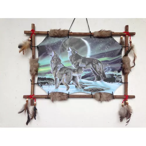 22"x16" Northern Lights Wolves Dream Catcher Wall Hang Decor Feathers Wood Frame