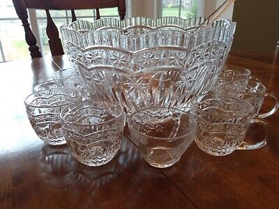 Monique French Made Crystal Punch Bowl set with 8 Crystal Cups and Ladle. NEW