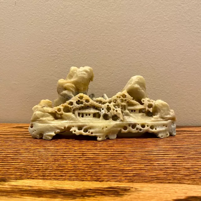 Vintage Chinese Hand Carved Light Green Soapstone Village Mountain Scene