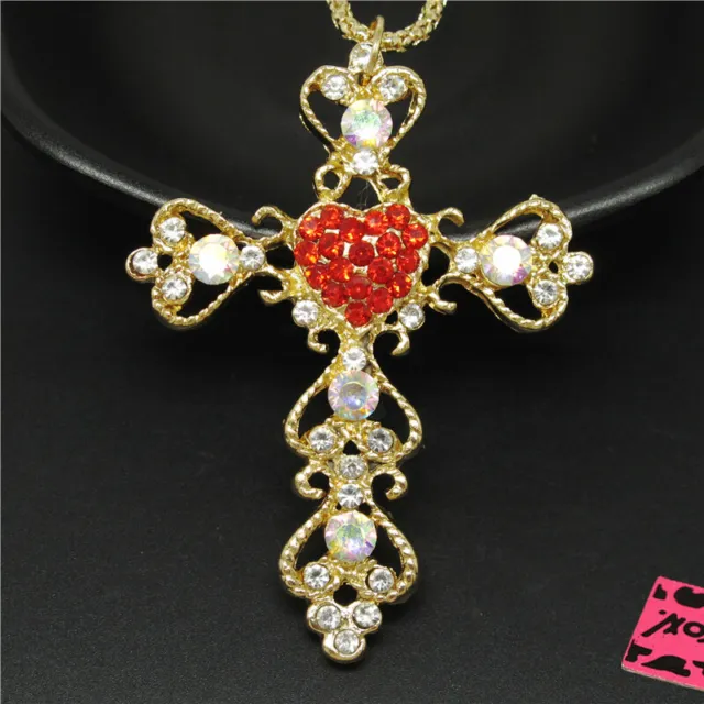 New Betsey Johnson Red Golden Cross Prayer AB Crystal Pendant China Necklace