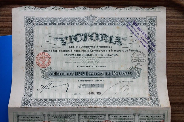 Action Titre Au Porteur Victoria Société Française Transport De Pétrole 1929