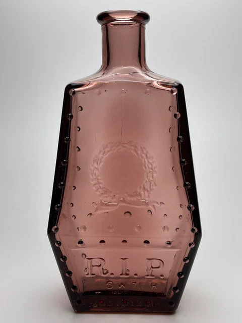 Amethyst Purple Coffin Shaped Wheaton Bottle Embossed RIP  5.25" Tall