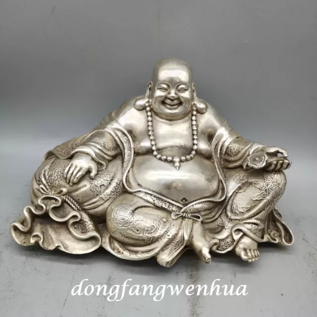 China Tibet Silver White Copper Happy Maitreya Buddha Ruyi Buddhism Money Statue