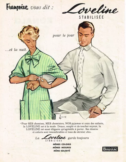 PUBLICITE ADVERTISING  1955   BOUSSAC LOVELINE  chemise homme & lingerie de nuit