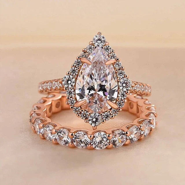 Ensemble de bagues de mariée en véritable moissanite plaqué or rose 18...
