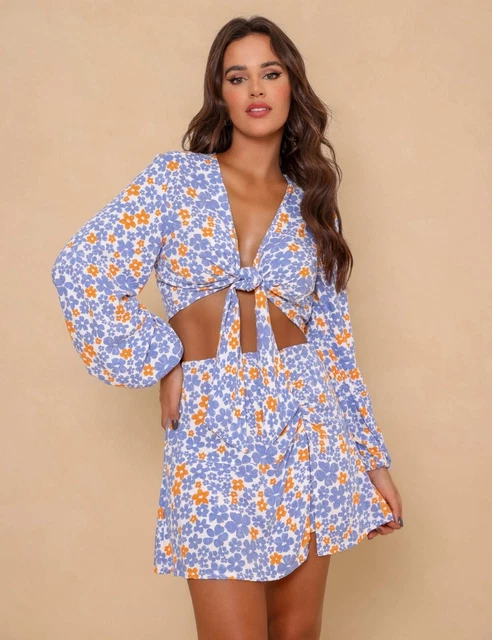 Completo Donna Set Gonna Corta Top Lilla Porpora T-Shirt Incrocio Fiori 54831