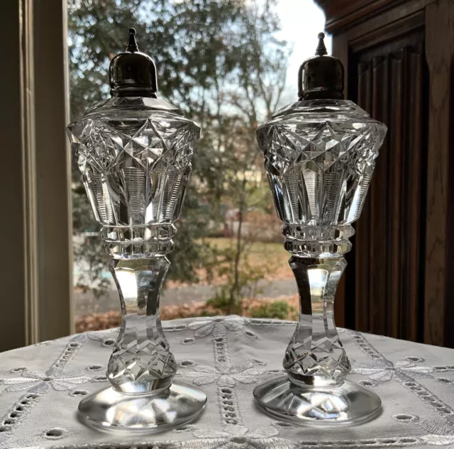 Hawkes American Brilliant Cut Glass & Sterling Salt & Pepper / Brunswick Pattern 3