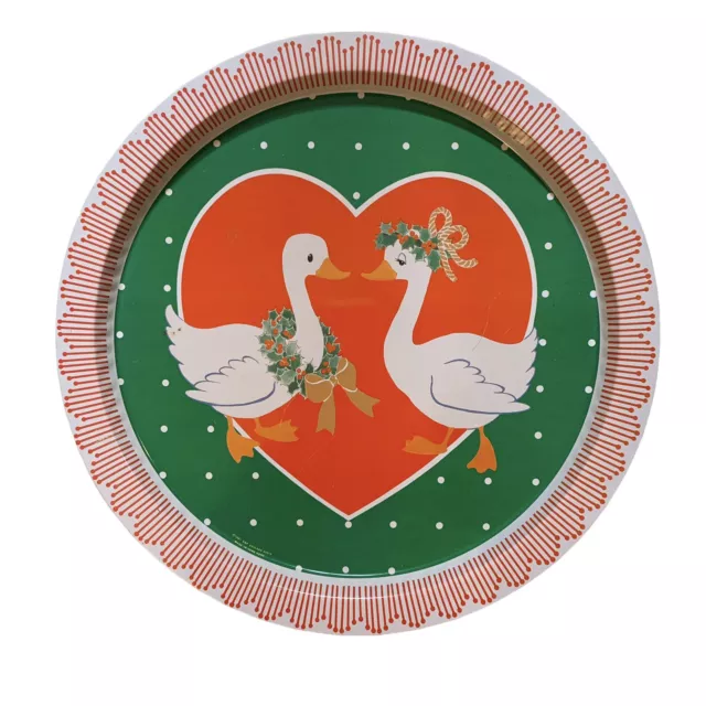 Vintage Holiday Decorations Xmas Geese Love Birds Metal Tray 1987 SNP Chicago