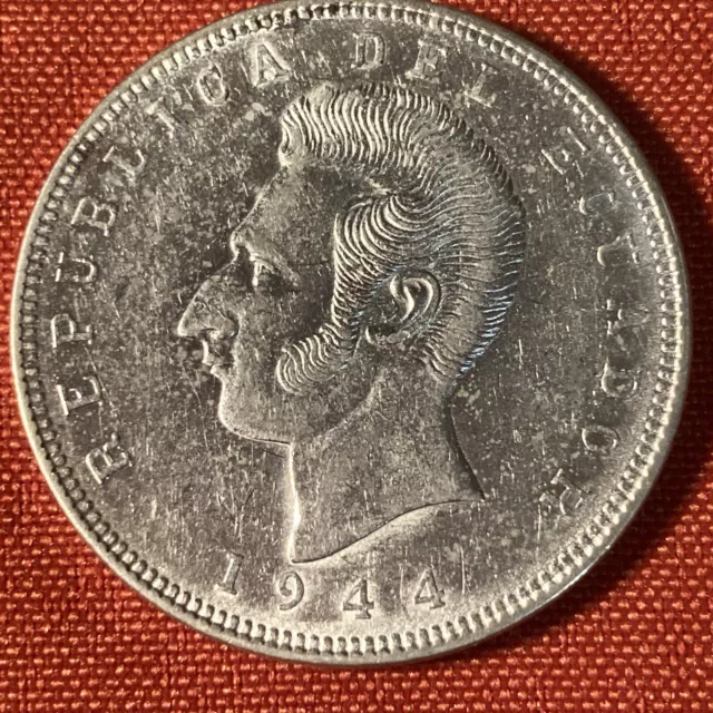 1944 Ecuador 5 Sucres .720 Silver Coin XF Minted In Mexico