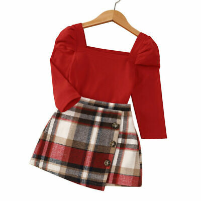 Fashion Toddler Baby Girls Clothes Casual Kids Plaid Tops Skirt Pants Outfits-