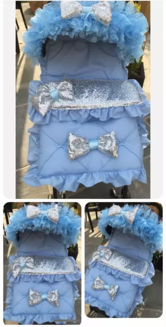 Romany Pram Pushchair - Frilly Bling Blue Cosytoes Foot Muff + Hood Frill/Trim