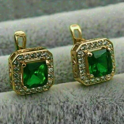 4Ct Princess Cut Natural Green Emerald Halo Stud Earrings 14k Yellow Gold Plated