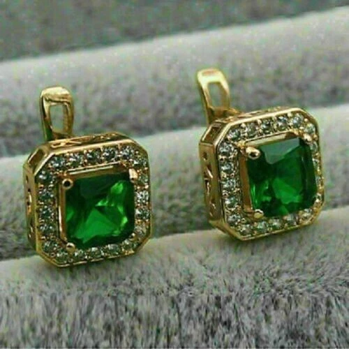 4Ct Princess Cut Natural Green Emerald Halo Stud Earrings 14k Yellow Gold Plated