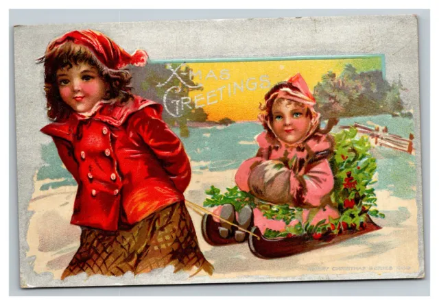 Vintage 1910's Christmas Postcard - Cute Girl tows Sister in Sled Snowy Meadow