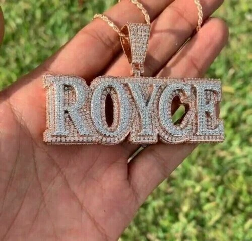 3Ct Round Cut Moissanite Letter ROYCE Pendant 14K Rose Gold Plated Silver Chain