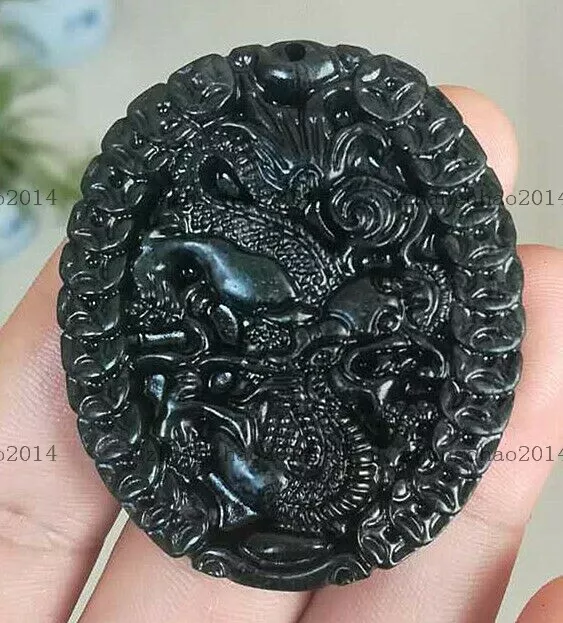 Natural Amulet statue  pendant black green jadeite dragon necklace Chinese jade