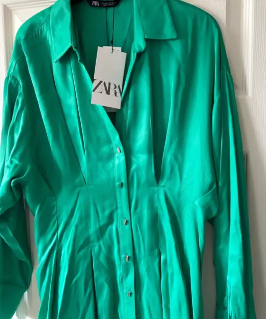 BNWT Stunning Green ZARA Satin Short Shirt Dress XL 14/16