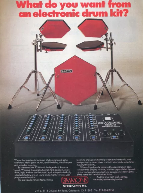 1984 Print Ad of Simmons SDS8 Electronic Drums