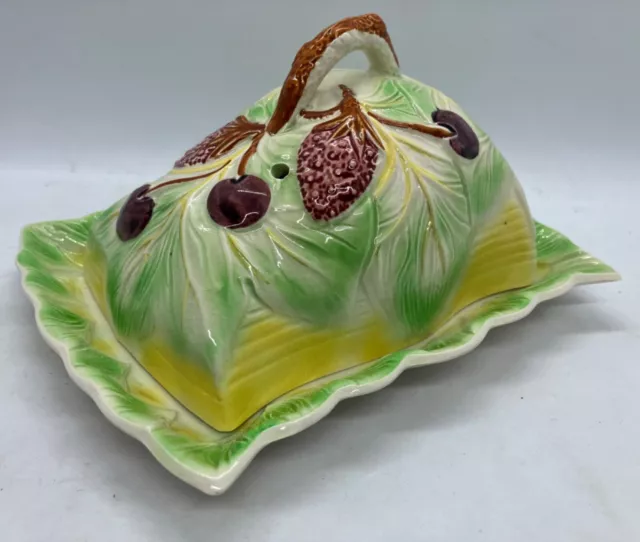 Rare Art Deco Cheese / Butter Dish - Yellow with Green Leaf / Berries