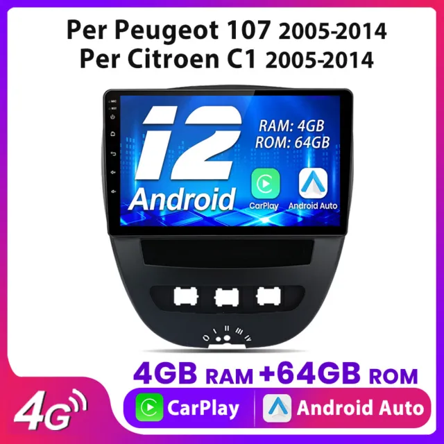 Per Peugeot 107 2005-2014 Android12.0 Autoradio GPS Navi DSP BT DAB+ WIFI 4G+64G