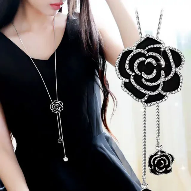 2021 Fashion Black Rose Crystal Pendant Necklace Sweater Chain Women Jewelry Hot
