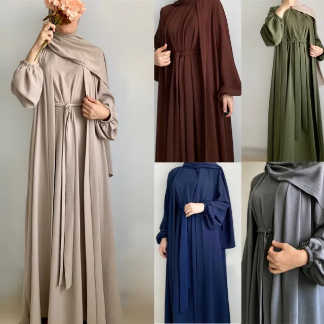 Women Open Kaftan Modest Long Dress Set Abaya Muslim Kimono Ramadan Robe Islamic