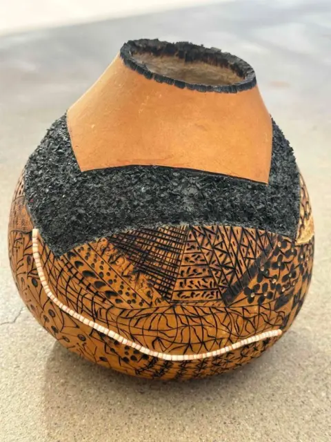 Native American Handcrafted Pyrography Wood Burnt Beaded Gourd Art