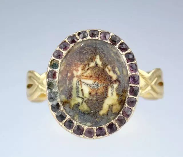 Antique GEORGIAN 18K 9K Gold Purple Paste Urn CELTIC Band MOURNING RING 1780 5.5