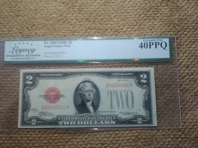 1928 Series C $2 Two Dollar Banknote, Very Nice, Red Seal, Xf, Legacy 40 Ppq