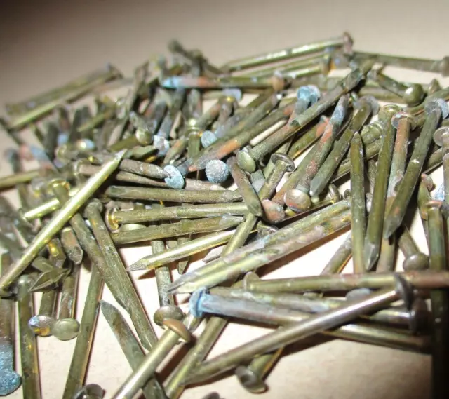 100 Vintage, 1" X #16 Solid Brass Brad, Round Dome Head Escutcheon Pins, Patina!