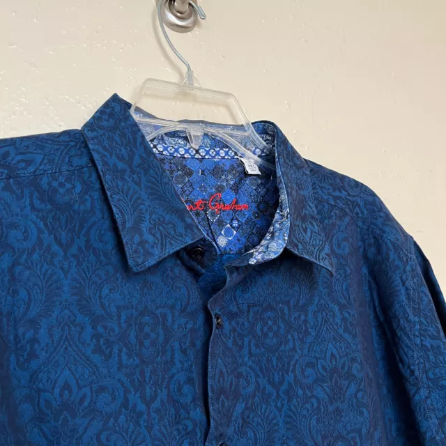 Robert Graham Shirt Mens 3XL Blue Damask All Over Classic Fit Short Sleeve