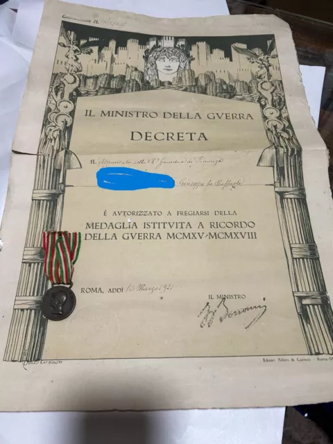 Diploma Con Medaglia Appuntato Regia Gueradia Di Finanza Prima Guerra Mondiale