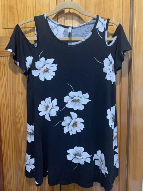 ACTING PRO Women's Black Floral Cold Shoulder Short Sleeve Boho Top - Size S