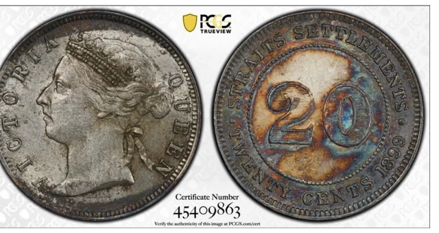 1899 STRAITS SETTLEMENTS 20 CENTS Silver Coin PCGS AU