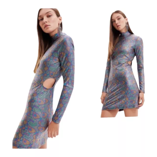 Desigual Metallic Snake Print Long Sleeve Cutout Mini Dress Womens Medium Disco