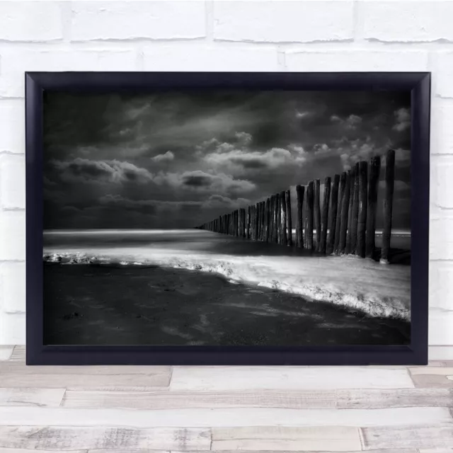Seascape Landscape Sand Sea Foam France Dunkerque Poles Long Wall Art Print