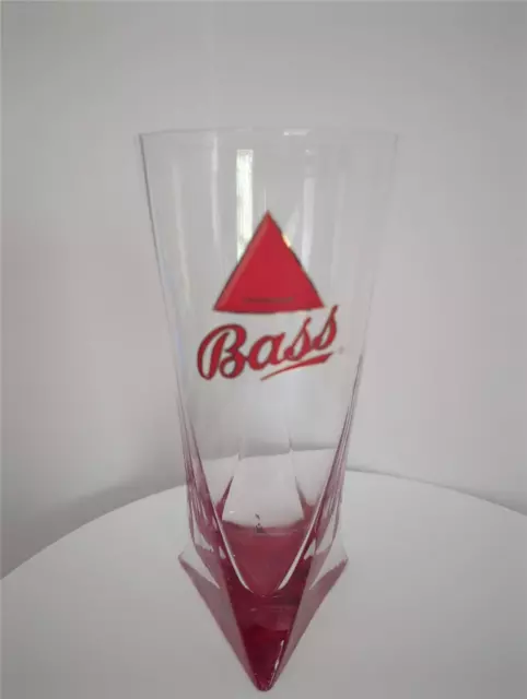 Bass Ale Beer 7 1/2" Glass Triangle Shape Base Red & Gold Logo Excellent