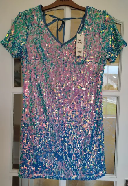 Miss Selfridge Blue Pink Sequin Short Sleeve Shift Party Mini Dress 10 - New