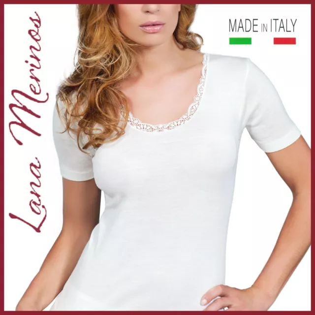 Maglia intima donna misto Lana Merinos termica in pizzo a manica corta invernale